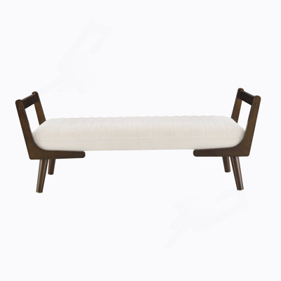 Mid Century Modern Bench With Walnut Wood Legs, Channeled Upholstered Footrest For Versatile Home Use, Chenille Fabric Beige