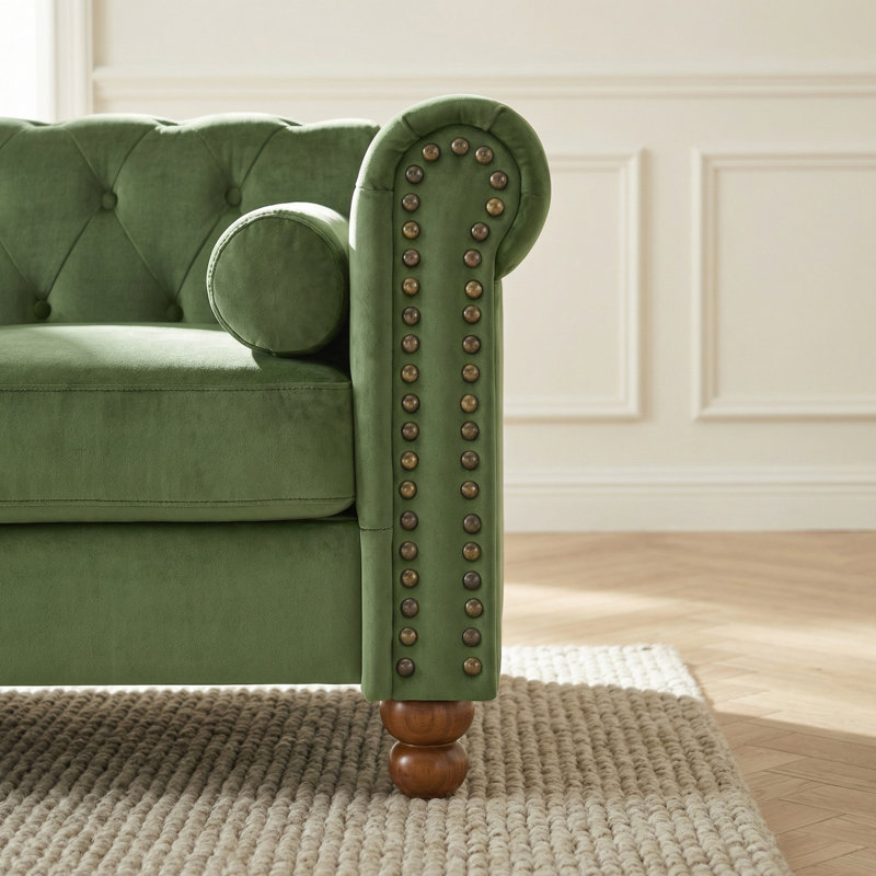 Chesterfield Velvet Upholstered Sofa with Nailhead Trim and Rolled Arms, Sofa