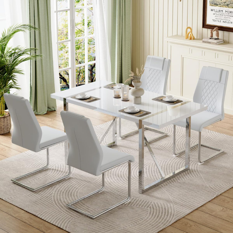 Minday Double Pedestal Dining Set, White/Silver, Silver, 5