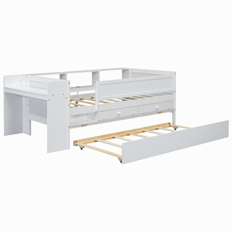 Multi-Functional Twin Daybed With Drawers And Trundle,  Headboard Storage And Tables, USB Charging Station, White