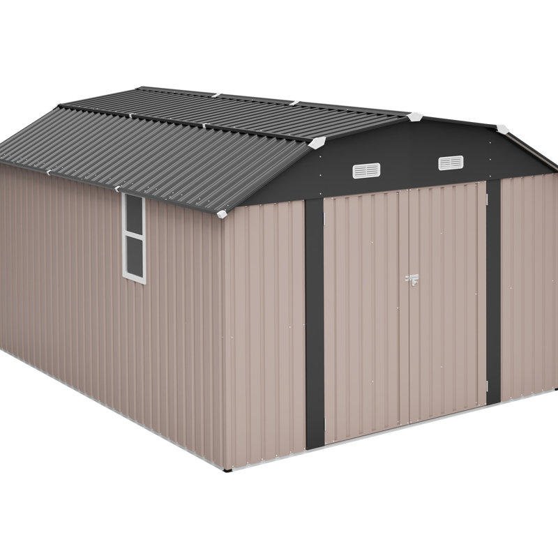 Remise de rangement extérieure en acier galvanisé brun de 1012 pi avec cadre de plancher pour une utilisation intensive, avec construction résistante aux intempéries, grande ouverture de porte, fenêtres transparentes, loquet et évents pour une chaleur efficace