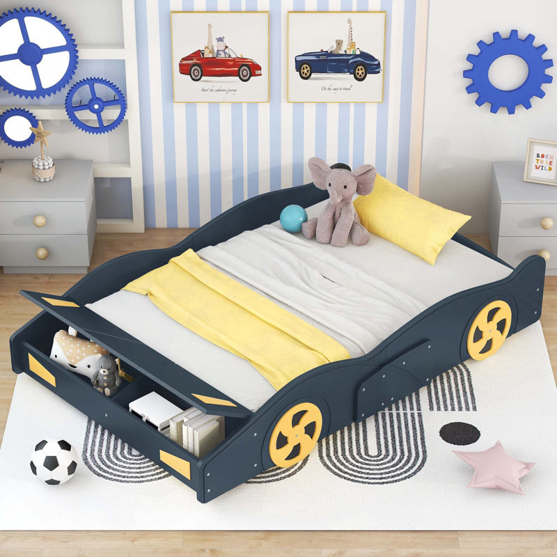 Lit plateforme avec roulettes et rangement Race, Bleu très foncé, Lit double