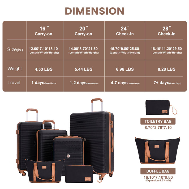 Ensemble de 6 valises rigides avec serrure TSA et roulettes, Black