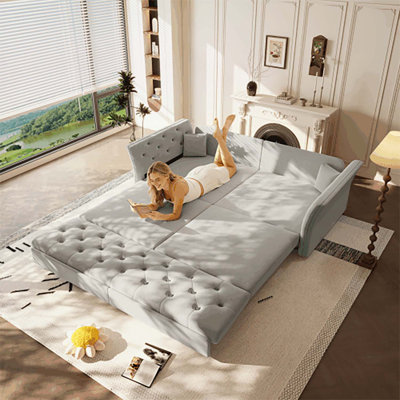 74.4 Inch Queen Size Convertible Sofa Bed with Handmade Flower Tufted Design, Multi-Functional Velvet Loveseat for Living and Sleeping