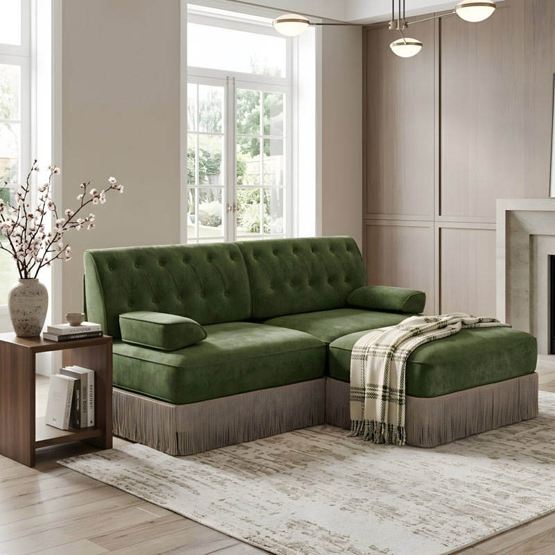 Canapé en L confortable, respirant et à franges, Green Velvet, 34.2" H x 76.6" W x 60.3" D