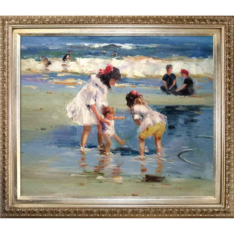 «Children jouant à la mer», reproduction d'art sur toile encadrée, H 26 po x l 30 po x P 2 po, Cadre or Florentine