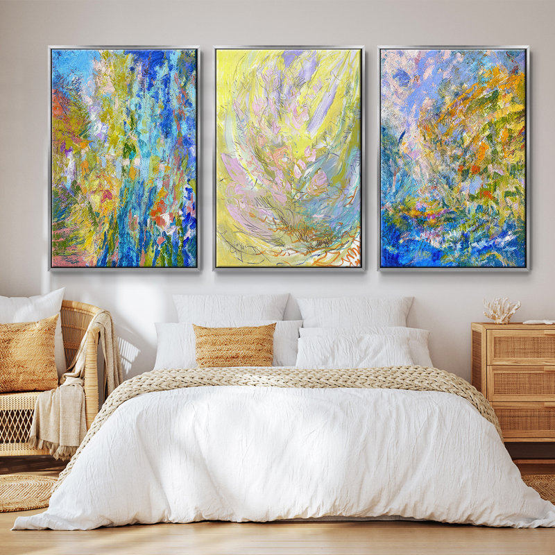 " Fledgling I " 3 - Pieces, 27" H x 54" W, Silver Framed