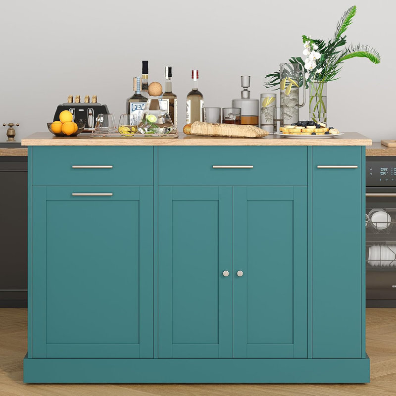 Îlot de cuisine sur roulettes avec rangement pour poubelle, table d'îlot portable pour la cuisine, Naturel / vert foncé