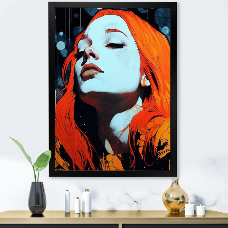 Illustration rétro d'une belle rousse rêveuse, H 32 po x l 24 po x P 1 po, Cadre photo noir