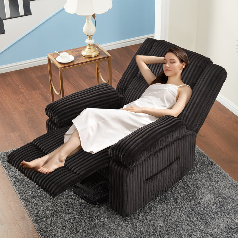 Corduroy Recliner Chair, Manual Recliner Sofa with Handle, Pillow Top Arms, Thick Padding, Side Pocket, Black