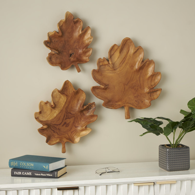 Elser Teak Wood Handmade Carved Leaf Decor Brown Tray Set
