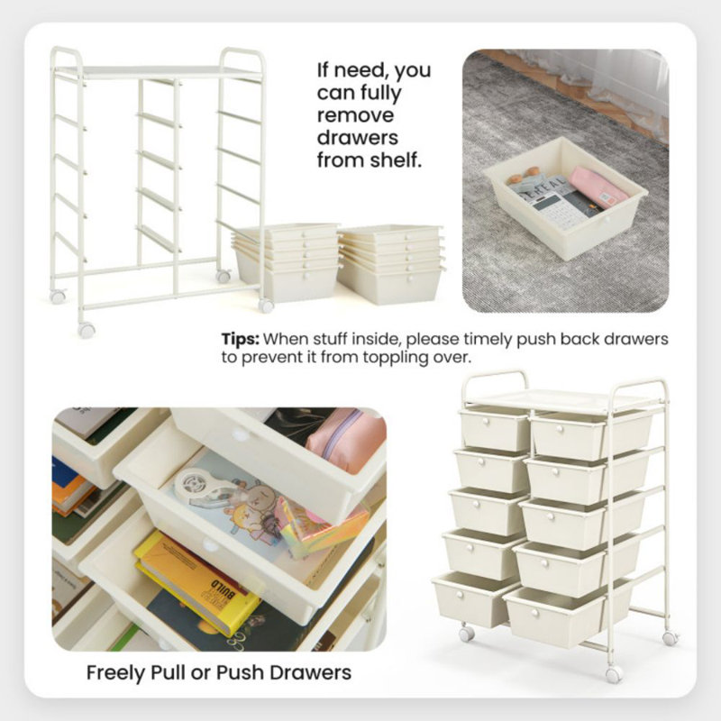 White 10-Drawer Rolling Storage Cart with Metal Frame