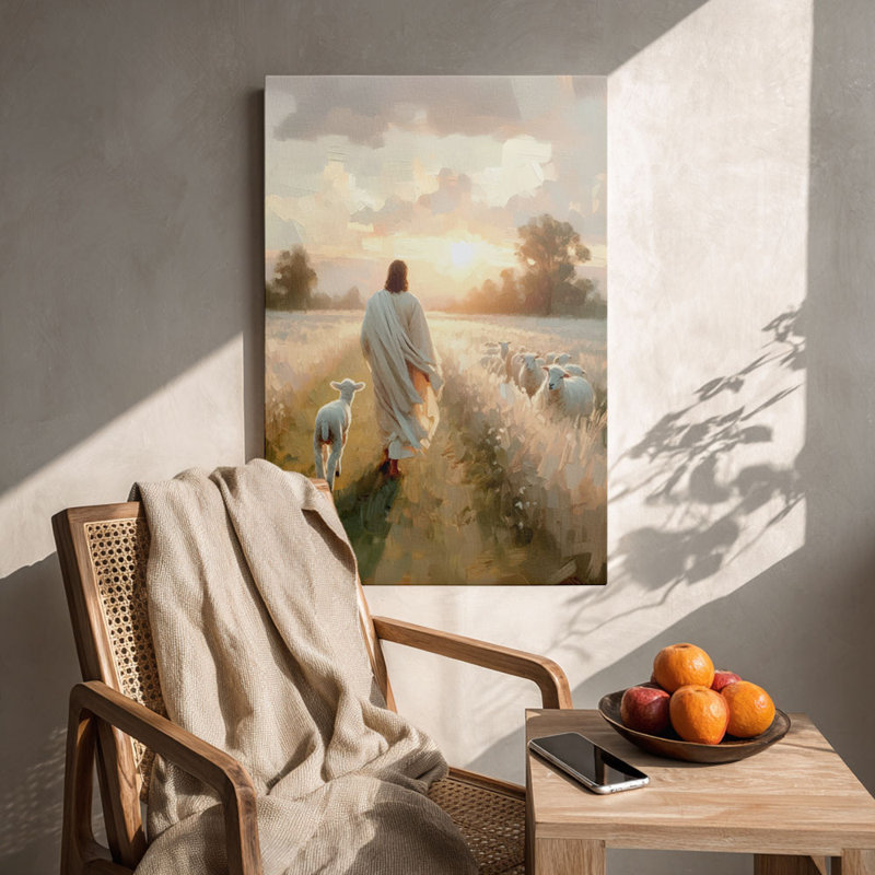 Impressionniste «Jésus comme berger avec des agneaux au coucher du soleil (ton chaud)» Cadre tendu d'art en toile Good Shepherd pour studio confortable
