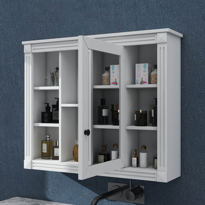 Armoire de salle de bain murale 35 po x 28 po avec miroir, comprenant 6 tablettes ouvertes, Blanc