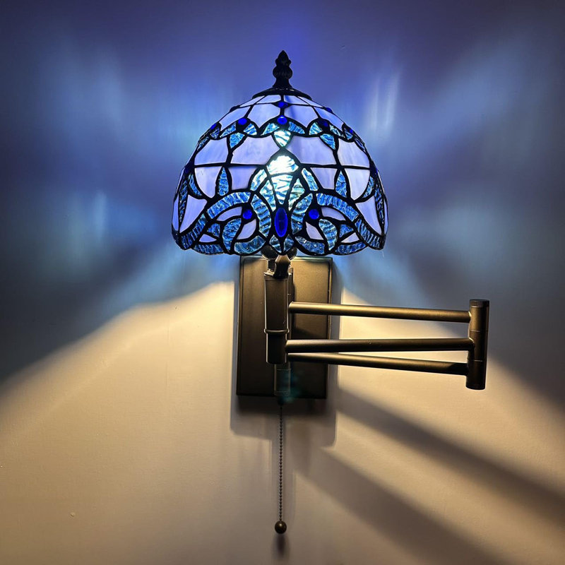 Tiffany Sconce Lamp Swing Arm Stained Glass Baroque Style Pull Chain Switch 13”W*8”D*15”H, Blue