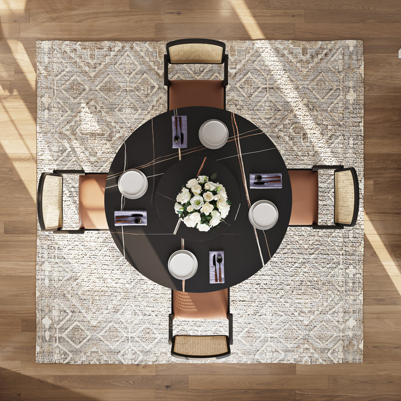 CR039AEH-WFUS1 Modern Round Dining Table with Lazy Susan for 4-6, Sintered Stone Tabletop, Solid Pedestal Carbon Steel Base Pre-Assembly