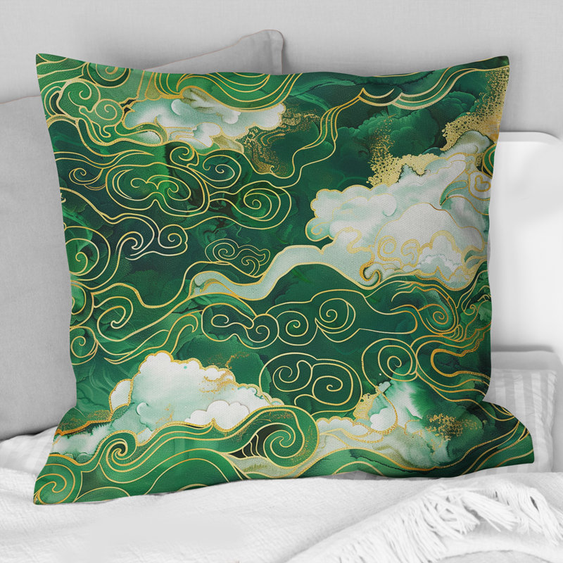 Nuage blanc et vert chinois I - coussin traditionnel chinois, H 16 po x l 16 po, Carrée