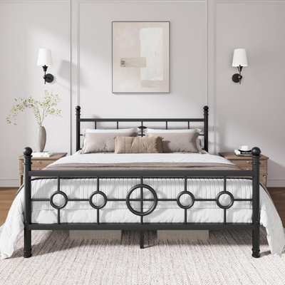 Metal Bed Frame, Vintage Circular Headboard & Footboard, Heavy-Duty Iron Platform Bed, No Box Spring Needed