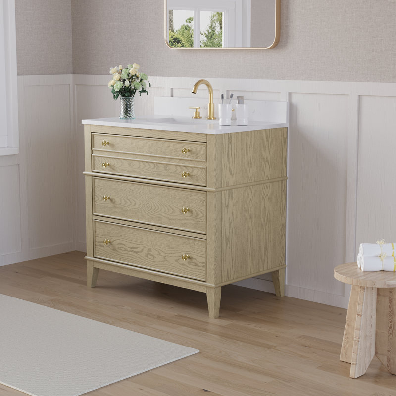 Meuble-lavabo en bois massif l 36 po x H 35 po avec comptoir en quartz blanc Carrera, tiroirs et lavabo simple