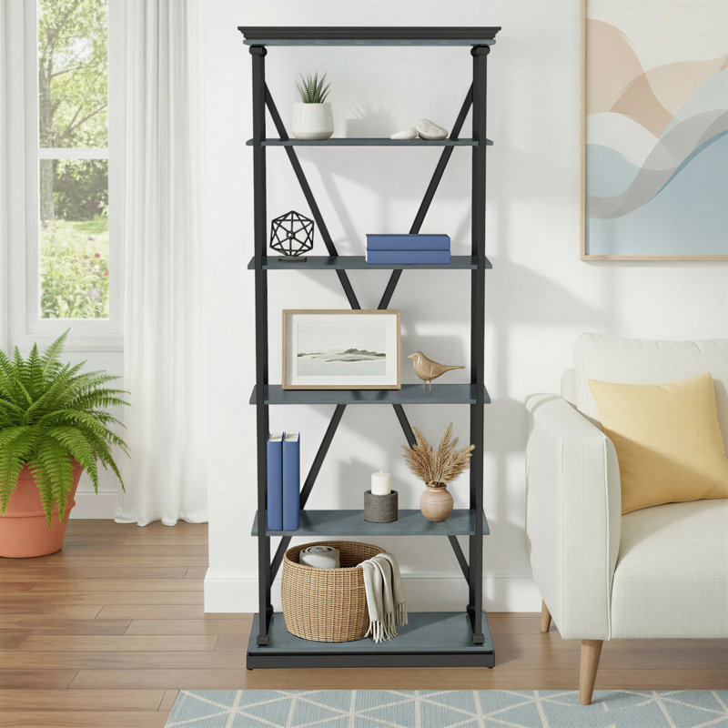 Calton 84.25" H x 33.88" W Steel Etagere Bookcase, Black/Antique Blue