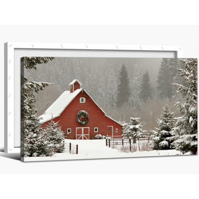 Large Winter Canvas Wall Art - Red Barn Winter Pictures Wall Decor, Vintage Christmas Prints, Winter Scene Painting for Living Room, Farmhouse Framed Artwork, Wrapped Canvas, 24×48 inches