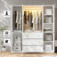 Armoire penderie 74,8 po, armoire à portes vitrées avec 3 tiroirs, éclairage à DEL Smart Sense, 2 zones de suspension et tablettes de rangement