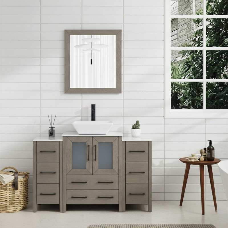 Ensemble de meuble-lavabo simple 48 po avec plateau en marbre d'ingénierie avec miroir, Bois flottant gris