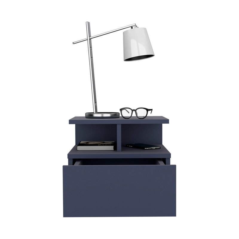 Adele Floating Nightstand, With One Drawer And Two Small Below Shelves For Storage or Decor, Navy Blue