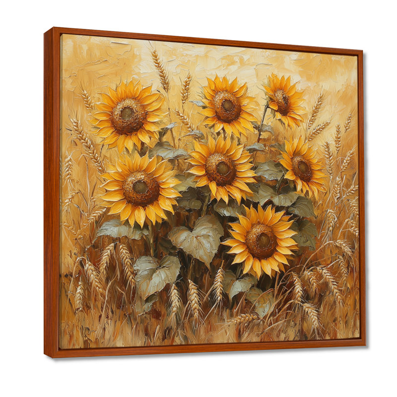 «Dreyvin Sunflowers In The Wheat Barnyard VII», art mural tournesols, Impression encadrée flottante, Brun, H 30 po x l 30 po