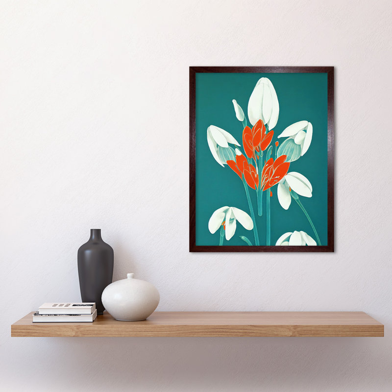 Abstract Retro Snowdrops Red Flowers - Print, Brown Framed Paper, 43cm H x 33cm W