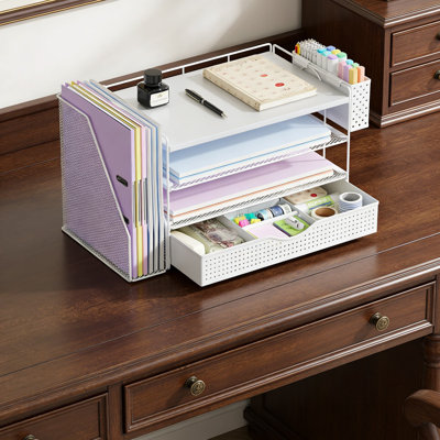 Wooden Desk Organizer With File Holder, 4-Tier Office Supplies Organizer With Sliding Drawer, Pen Holder, And Magazine Rack For Workspace And Home Off