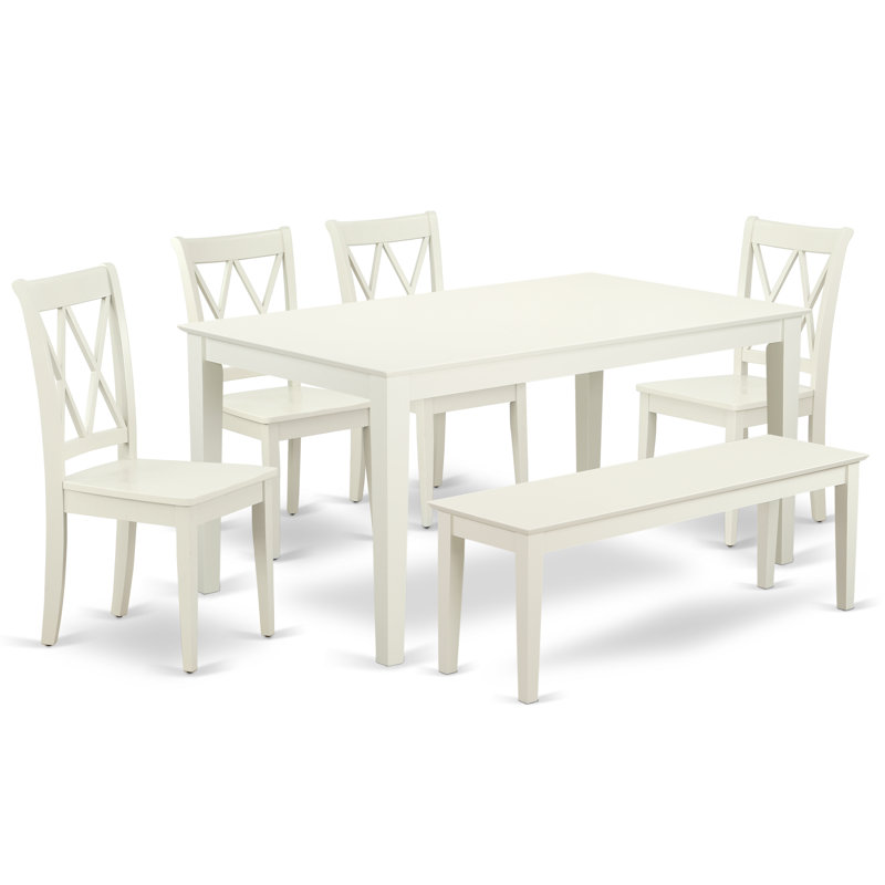 L'ensemble de table de cuisine 6 pièces contient une table de salle à manger rectangulaire et 4 chaises avec banc, lin blanc