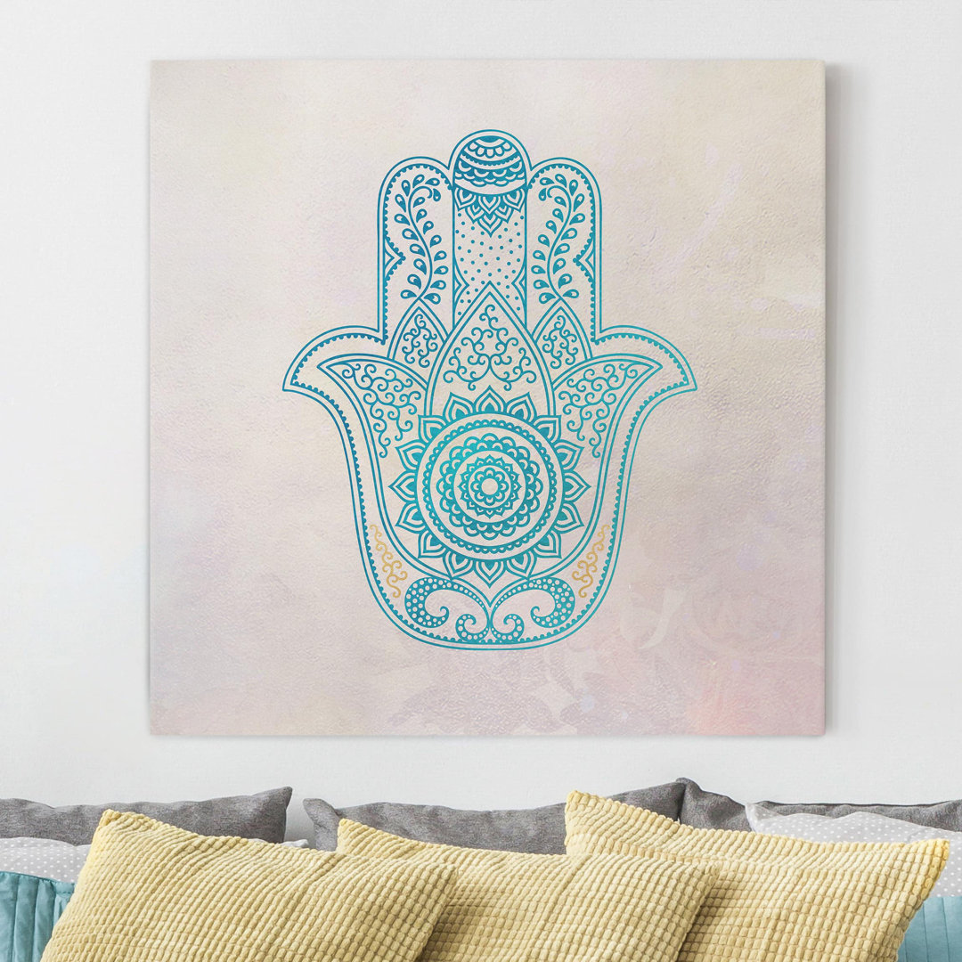 Leinwandbild Hamsa Handillustration Mandala Gold Blau