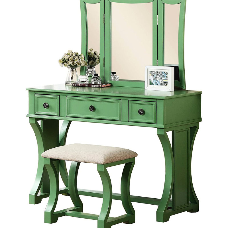 Meuble-lavabo moderne, finition pomme, tabouret, cadre en pin rustique avec abat-jour, miroir pliable