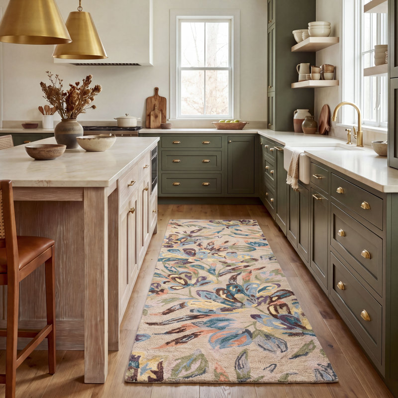 Tapis floral mauve / beige en laine / coton touffeté à la main Karetha, Tapis de couloir 2 pi 3 po x 8 pi