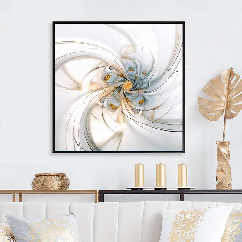 «Fractal Flower Joy» en blanc cosmique I - impression, Cadre flottant noir, H 16 po x l 16 po x P 1 po