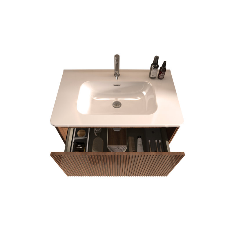 Meuble-lavabo mural rayé en noyer rayé de 30 po avec lavabo en céramique, pré-assemblé