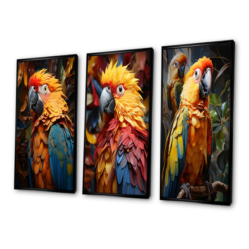 «Yellow Parrots Golden Conversations», ensemble de 3 reproductions d'art sur toile, Cadre flottant noir, H 32 po x l 48 po