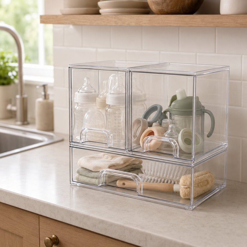 3-Pack Acrylic Baby Bottle Storage Organizer, Stackable Clear Drawer Container for Countertop, Vanity, Bathroom, Cabinet & Pantry, 2M1L