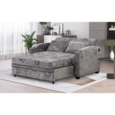 62.74"H Bed In Gray Chenille With Adjustable , Cup Holders, Ports And 2 Pillows Modern For Living Area Bedroom,