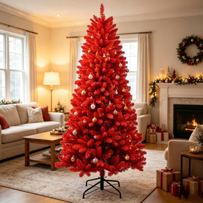 Arbre de Noël artificiel en PVC rouge vibrant de 5 pi, 624 pointes denses et réalistes, branches articulées pour un assemblage rapide, support en métal robuste et stable, décoration festive accrocheuse pour la fête intérieure