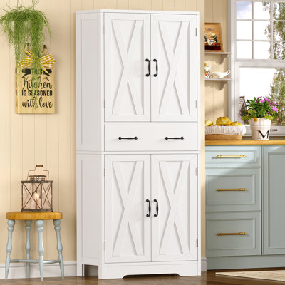 Tall Storage Cabinet With 2 Adjustable Shelves & 1 Large Drawer, Bathroom Cabinet With 4 Doors, Kitchen Pantry Cabinets, For Living Room, Kitchen, Bathroom, White