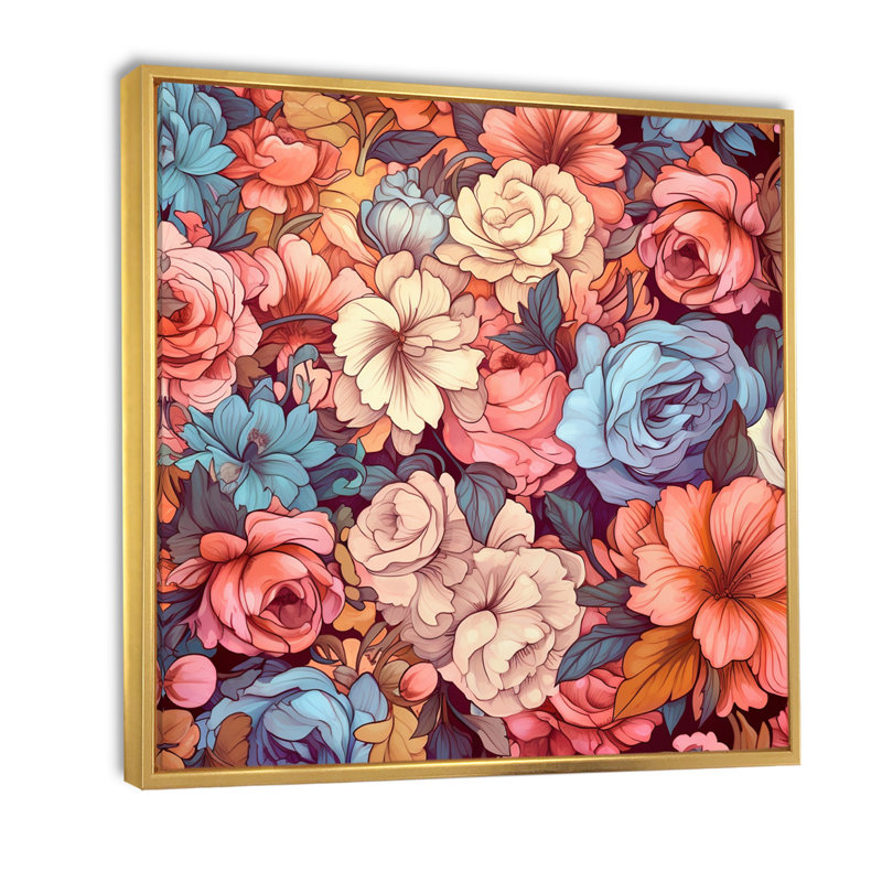 «Blossoming Retro Pink and White Roses» sur impression sur toile, H 36 po x l 36 po, Cadre flottant doré