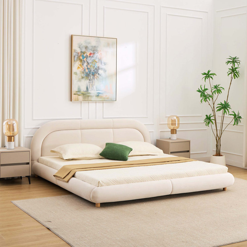 Lit plateforme très bas en velours courbé très grand avec tête de lit arrondie, très grand, Beige