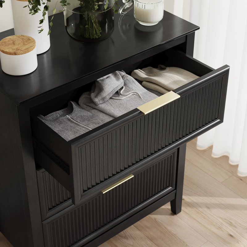 Commode 3 tiroirs cannelés - Ensemble de 2, meubles de chambre à coucher et de salon, Bouleau onyx
