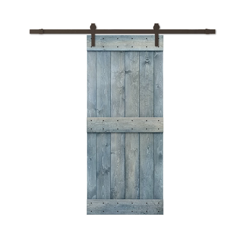 Porte de grange à panneaux et en bois avec quincaillerie d'installation, 34 po x 84 po, Bleu denim, Noir mat