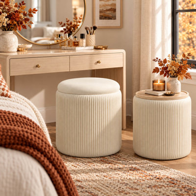 Ensemble de 2 repose-pieds ronds en velours avec couvercle réversible, beige