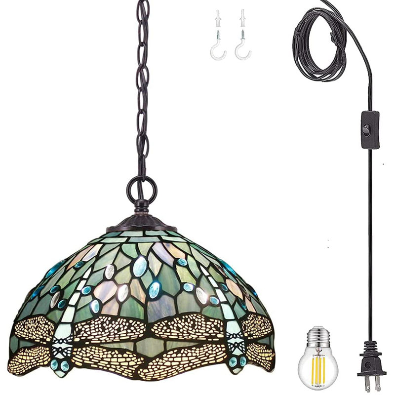 Sea Blue Stained Glass Dragonfly Pendant Lamp with LED Bulb