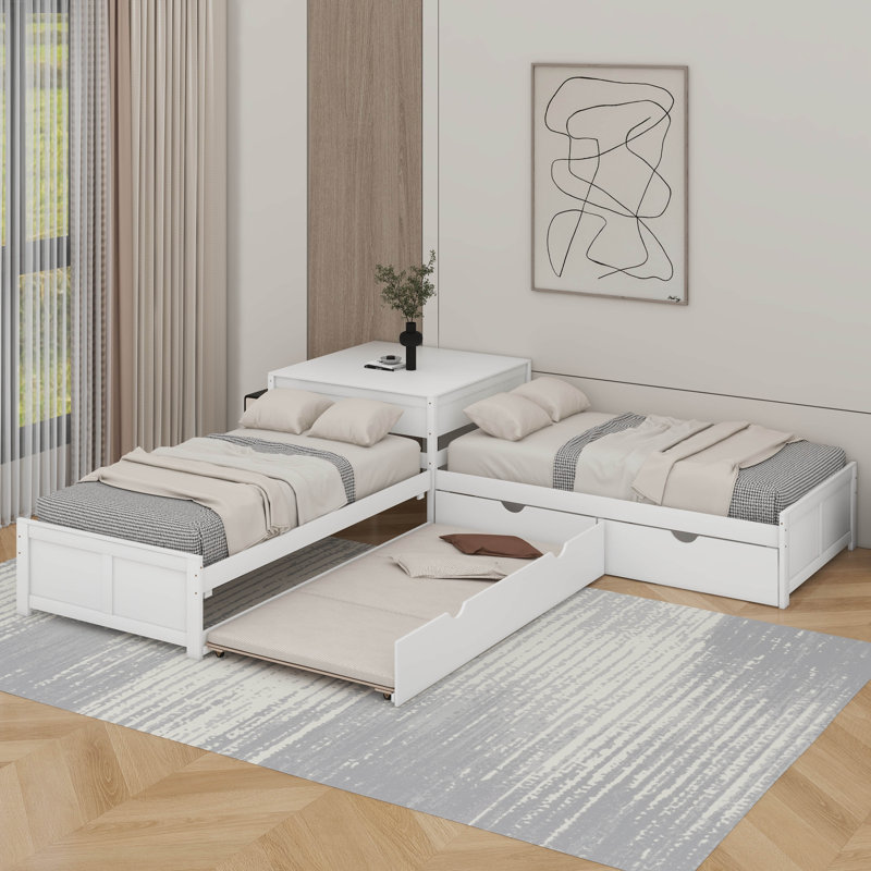 Lit plateforme simple en L avec lit gigogne et tiroir, Blanc