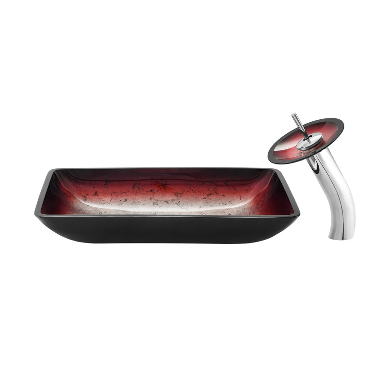 Lavabo vasque rectangulaire en verre avec robinet Cascade, Rouge tison, Rouge tison